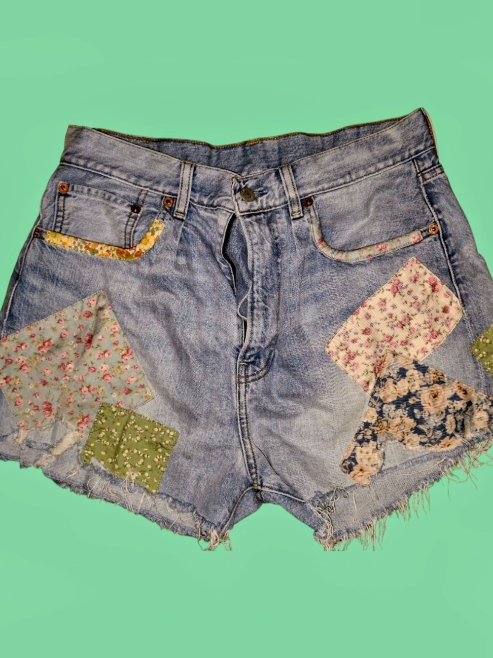 Democracy Light Blue Denim Patchwork Floral Shorts